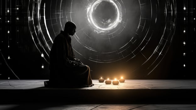 kneeling solar system black white photo