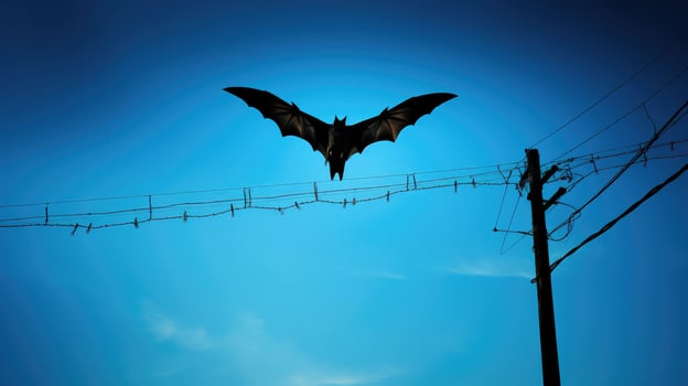 silhouette bat hangs and flies off on blue sky silhouette photo
