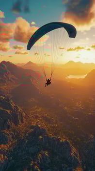 A person is paragliding over the mountains at sunset photo