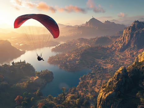 The paraglider is flying over a mountain range photo
