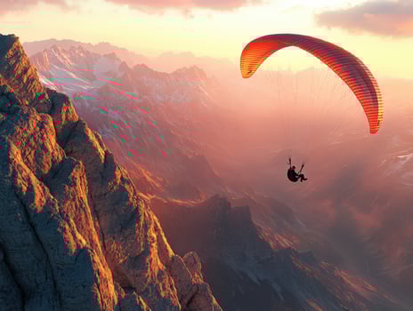 A person is paragliding over a mountain range photo