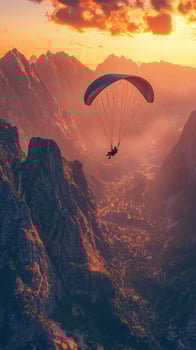 Paraglider flying over mountains at sunset photo
