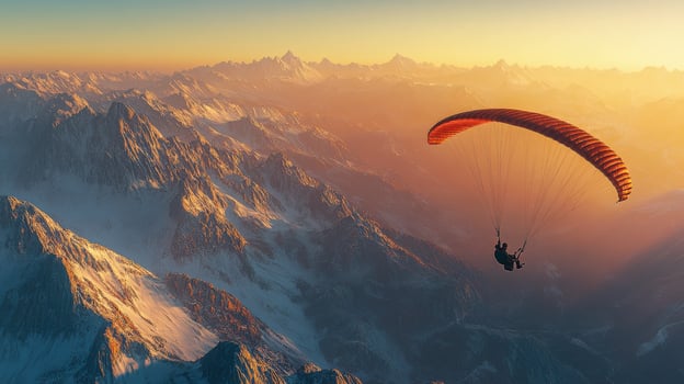 Paraglider flying over mountains at sunset photo