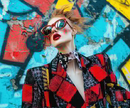 Fashion model poses dramatically against colorful urban graffiti photo