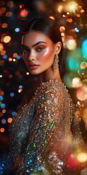 A woman in a sequin dress with lights around her photo