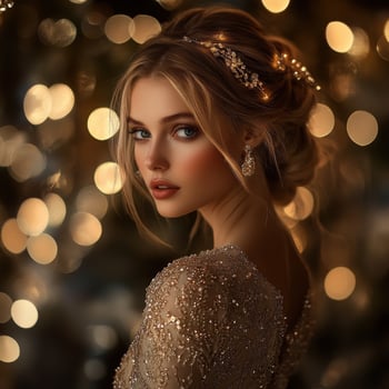 Elegant woman with sparkling backdrop at evening event photo