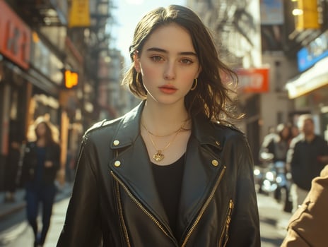 Young woman in leather jacket walks through urban street photo