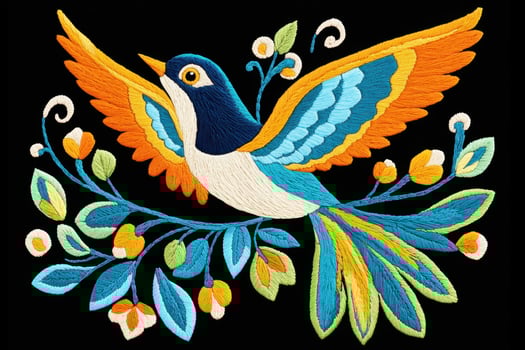 Colorful flying bird with vibrant embroidery featuring intricate stitching and lively colors for an eye-catching sweater design in a natural setting photo