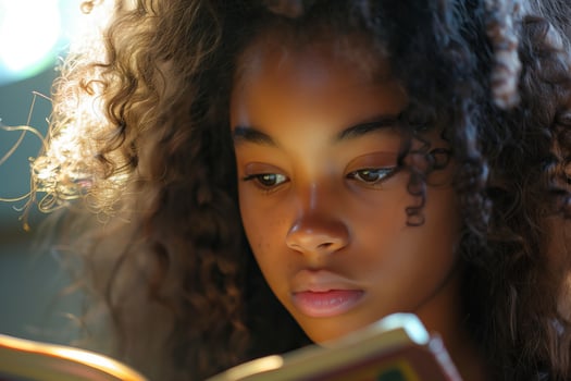 A young girl with curly hair is reading a book photo