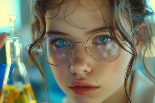 A woman with glasses and a lab coat holding a test tube photo