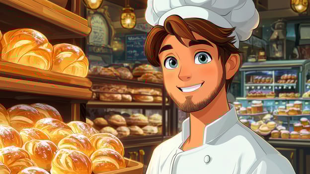 cheerful cartoon baker in chef's hat pulls tray of freshly baked bread from oven. warm bakery is adorned shelves of tempting pastries creating inviting atmosphere photo