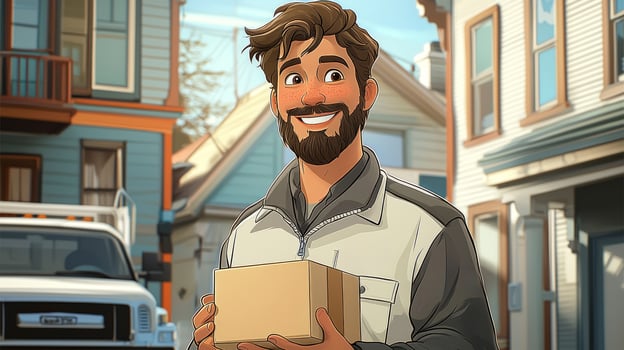 cartoon delivery worker in uniform smiles while holding package. He stands outside sunny suburban house delivery truck parked nearby showcasing inviting neighborhood photo
