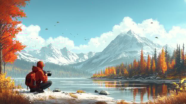 cartoon photographer kneels serene lake aiming camera breathtaking landscape filled majestic mountains colorful autumn trees and lively wildlife photo