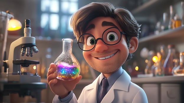 cartoon scientist smiles while holding bubbling flask filled vibrant liquid. laboratory features microscopes glowing test tubes and various scientific tools photo