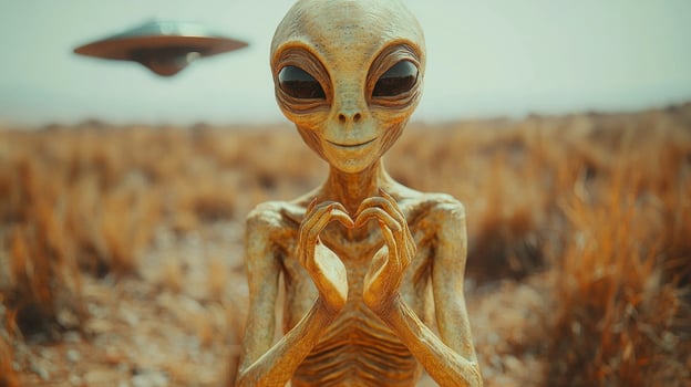 friendly green alien humanoid stands in empty open field forming heart shape its hands. futuristic UFO hovers above illuminating tranquil landscape photo