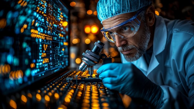 In clean clinical lab scientist meticulously places drop of blood on glass slide for detailed examination microscope surrounded advanced instruments and monitors photo