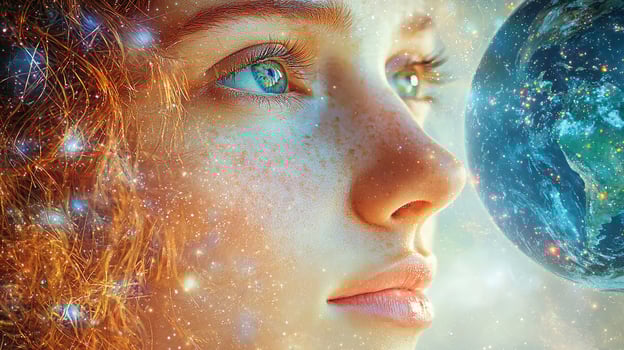 soulful woman gently holds planet Earth her serene expression radiating compassion. Her eyes reflect deep connection as soft light highlights her features against cosmic backdrop photo