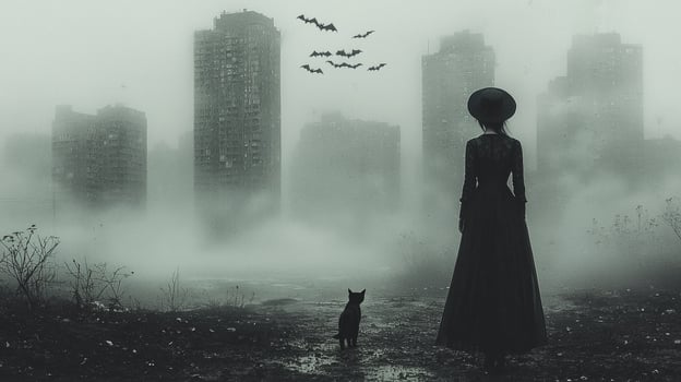 slender witch in flowing black dress strides through fog laden megacity her glowing eyed cat her side amidst looming skyscrapers and darting bats photo