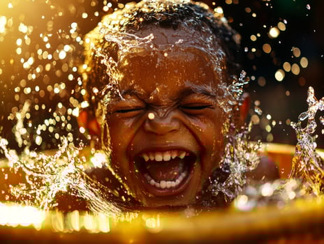 cheerful African child joyfully laughs while splashing water from bucket in vibrant village setting warm midday sunlight capturing moment of pure happiness and play photo