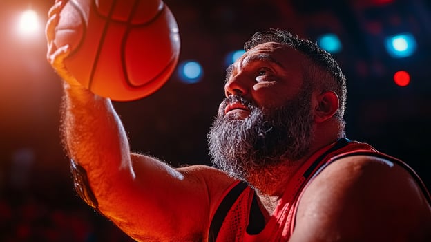 athlete prosthetic arm showcases exceptional skill during wheelchair basketball game reaching for ball intensity in brightly lit arena photo