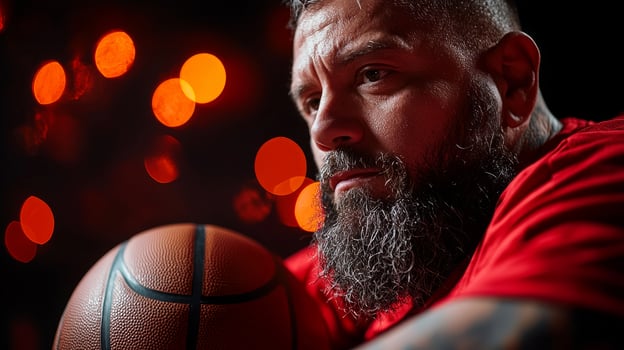Hispanic amputee demonstrates skill and determination while playing wheelchair basketball gripping chair one arm and reaching for ball prosthetic arm bright gym setting photo