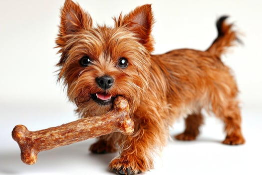 Cairn Terrier has playful expression as it chews on bone. setting is bright and clean highlighting dog's fur and enthusiasm for treat photo