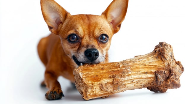 Chihuahua engages in enjoyable activity of chewing on large bone. scene captures dog's playful nature and effortless charm against bright white background enhances its features photo