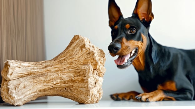 Doberman Pinscher is excitedly chewing on bone in bright and clean environment. Its shiny coat and playful demeanor showcase breed's loyal and energetic nature photo