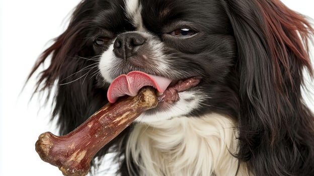 Japanese Chin is happily chewing on bone exhibiting playful demeanor. setting features clean white background emphasizing dog's joyful activity photo