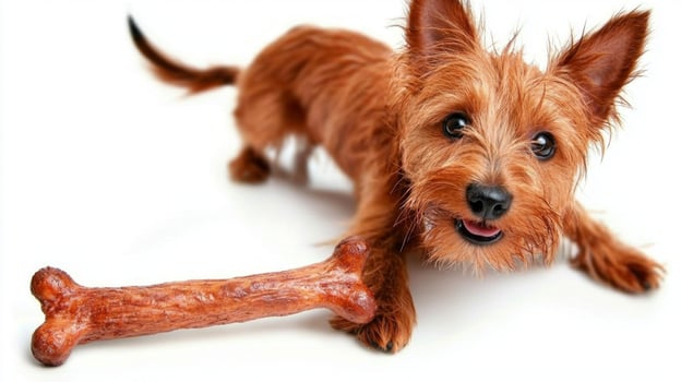 Norfolk Terrier is playfully chewing on bone. terrier is posed in frontal view clean white background showcasing its fluffy coat and joyful expression photo