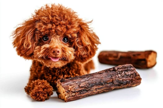 playful Poodle enjoys chewing on wooden bone showcasing its charming personality on pristine white background. dog radiates happiness and curiosity photo