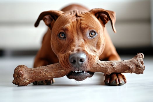 Rhodesian Ridgeback is engaged in chewing large bone focus and enthusiasm. setting is simple emphasizing dog's playful nature and clean environment photo