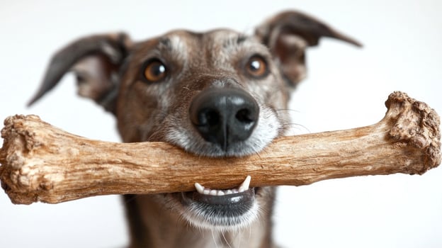 Scottish Deerhound is happily chewing on large bone showcasing its realistic features. captivating moment captures dog's joy and playful spirit clean backdrop photo