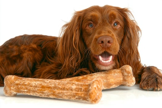 Sussex Spaniel is happily chewing on bone while sitting on pristine white background. dog's fur is rich and shiny reflecting its playful nature and joy while enjoying treat photo