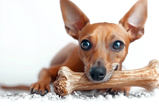 playful Italian Greyhound is focused on chewing bone displaying its shiny coat and perky ears while resting on soft surface. bright white backdrop enhances dog's features photo