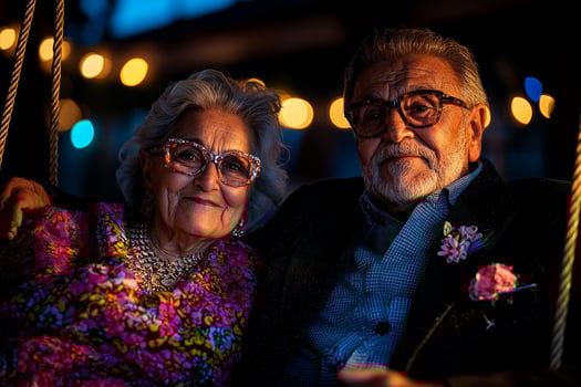 senior Indian couple sits together on garden swing surrounded vibrant flowers. They share warm smiles in gentle golden light of late afternoon photo
