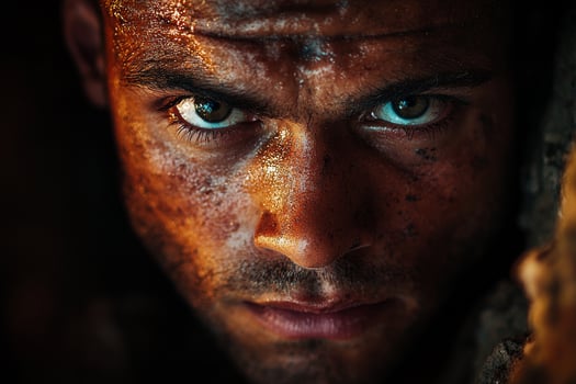 determined Native American rock climber prosthetic arm ascends vertical rock face bathed in warm hues of sunset creating striking shadows and highlights on rugged terrain photo