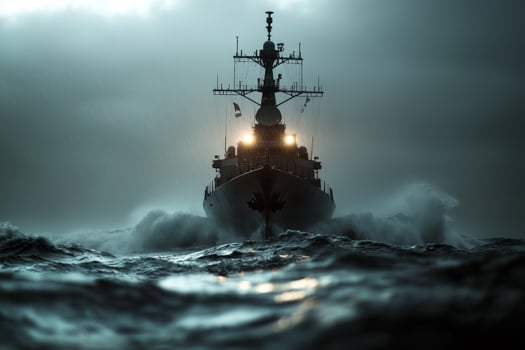 modern naval destroyer is observed in fierce storm powerfully cutting through relentless waves. Mist and spray engulf vessel as deep tones dominate atmosphere photo