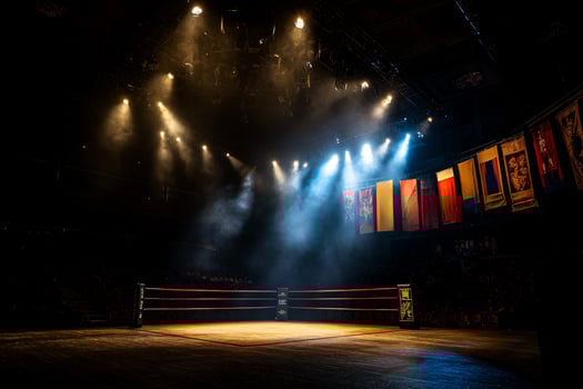 Brightly lit arena features empty boxing ring surrounded banners celebrating past champions. atmosphere evokes strong sense of history and athletic achievement photo