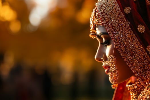 South Asian couple stands together on riverbank sunrise wearing traditional attire. They gaze into distance capturing serene and cultural moment photo