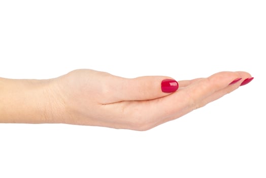 Female Hand with Red Manicure in Slightly Curved Offering Gesture on White Background photo