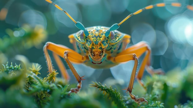 A close-up shot of a grasshopper's face, showcasing its vibrant colors and intricate details. photo