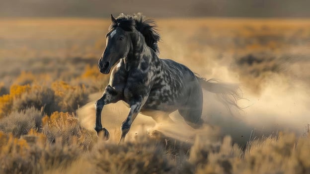 A wild horse running through a field. photo