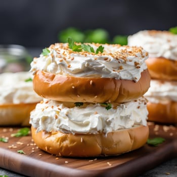 A stack of bagels with cream cheese on top photo
