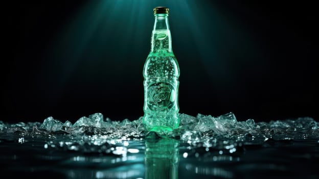 A bottle of Perrier water is sitting on a bed of ice. photo