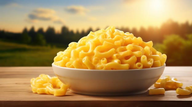A bowl of macaroni and cheese on a wooden table. photo