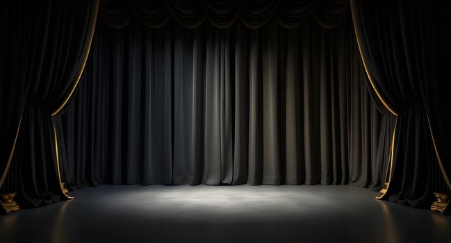 Black curtain with gold trim and spotlight in a dark room photo
