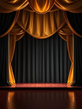 Theater stage with black curtains and gold curtains photo
