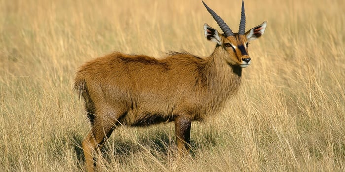 A brown antelope standing in tall grass photo