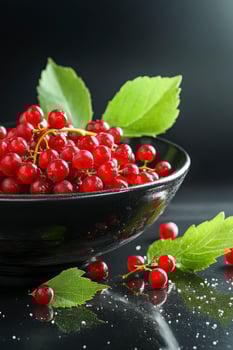 A bowl of red curran berries on a black background photo